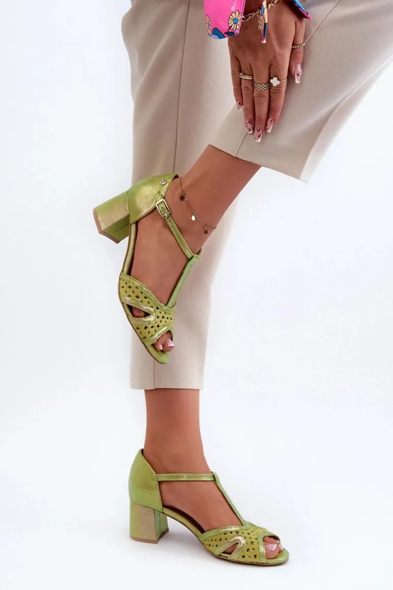 Sandały Skórzane Damskie Na Obcasie Maciejka 06551-09 Limonkowe