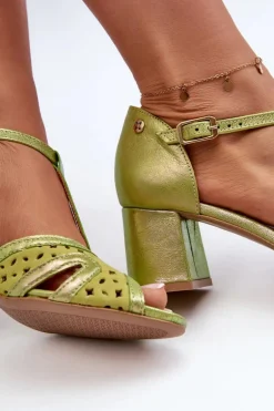 Sandały Skórzane Damskie Na Obcasie Maciejka 06551-09 Limonkowe