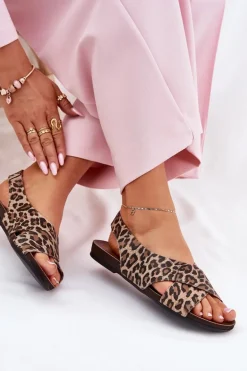 Sandały Skórzane Damskie Panterka Brązowe Zazoo 40407