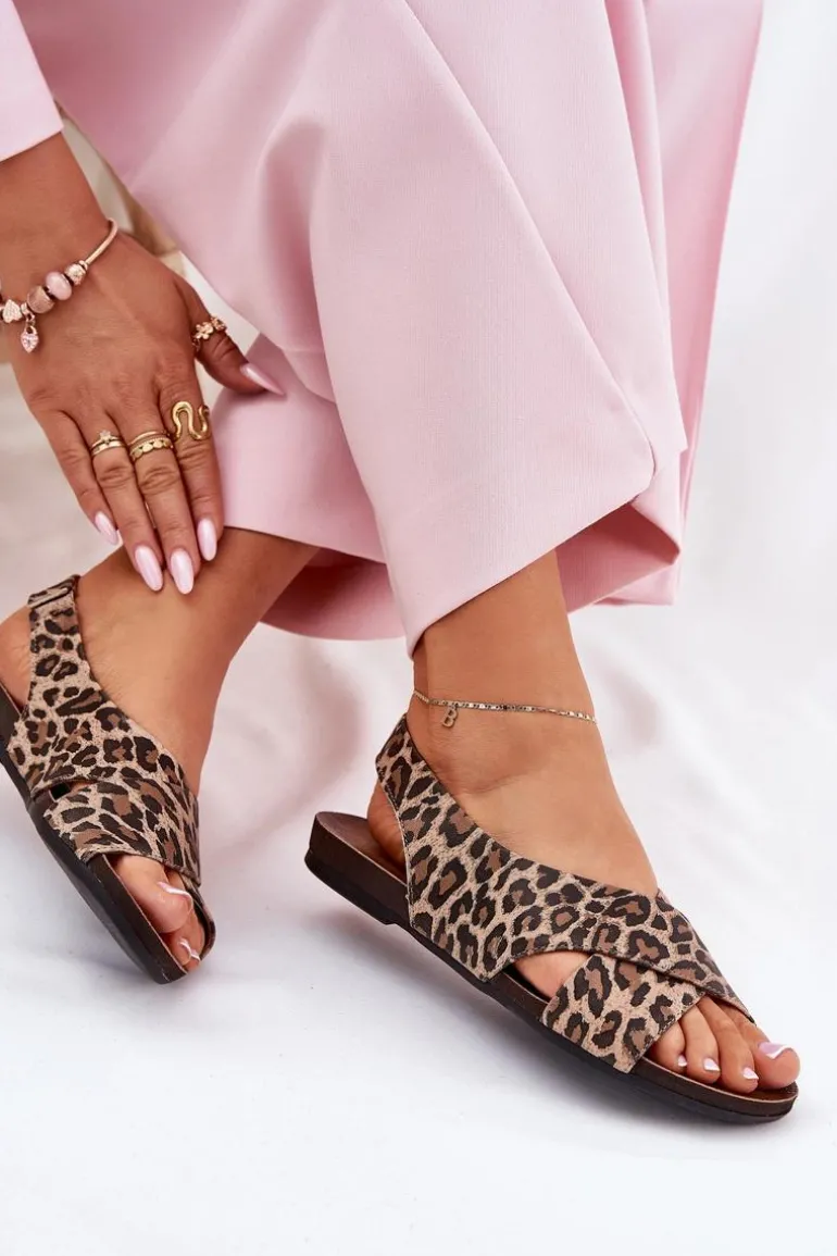 Sandały Skórzane Damskie Panterka Brązowe Zazoo 40407