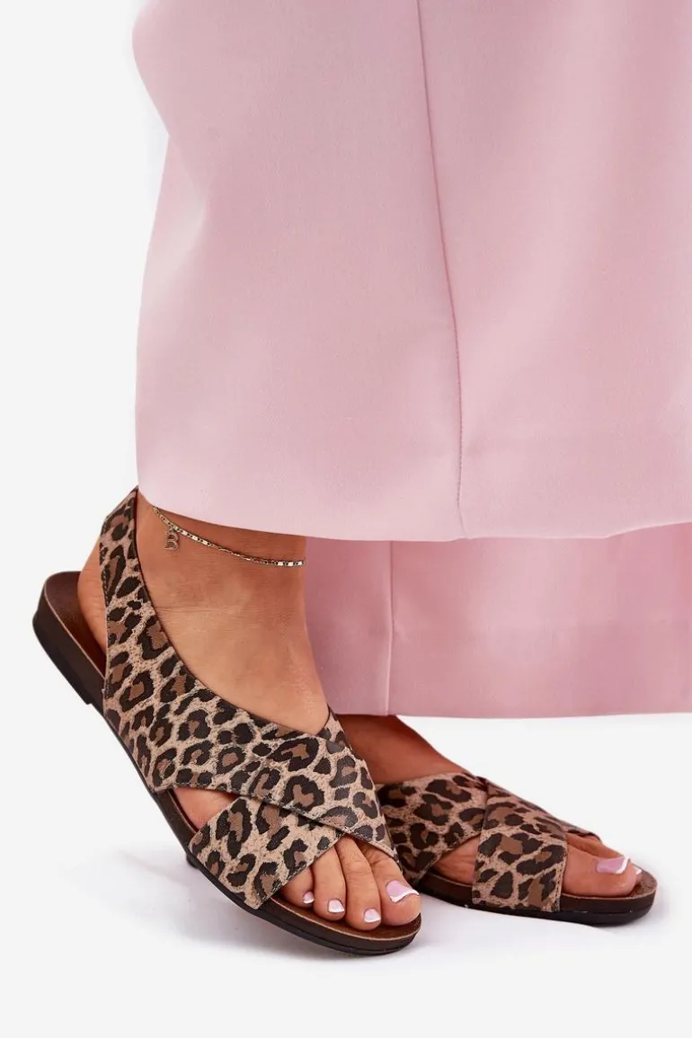 Sandały Skórzane Damskie Panterka Brązowe Zazoo 40407