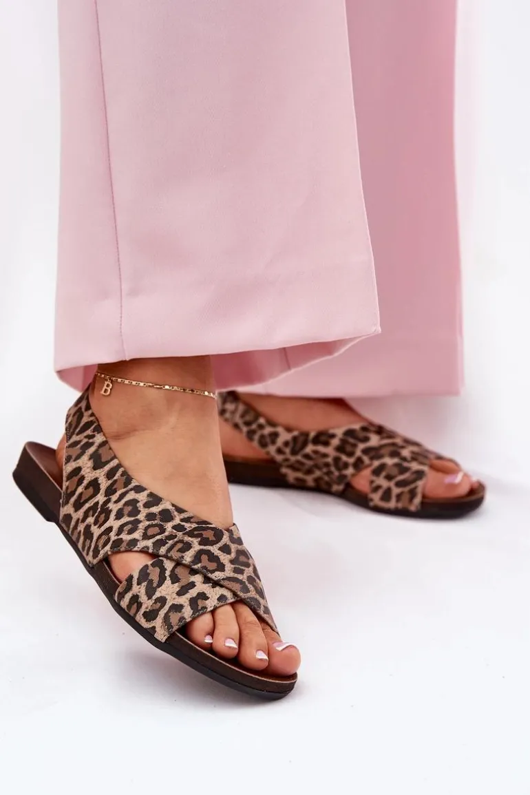 Sandały Skórzane Damskie Panterka Brązowe Zazoo 40407