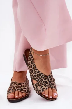 Sandały Skórzane Damskie Panterka Brązowe Zazoo 40407