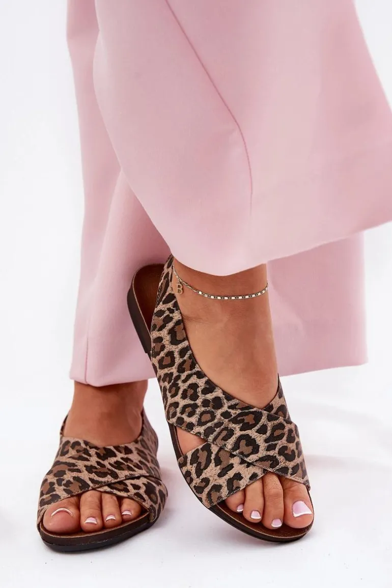 Sandały Skórzane Damskie Panterka Brązowe Zazoo 40407