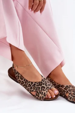 Sandały Skórzane Damskie Panterka Brązowe Zazoo 40407