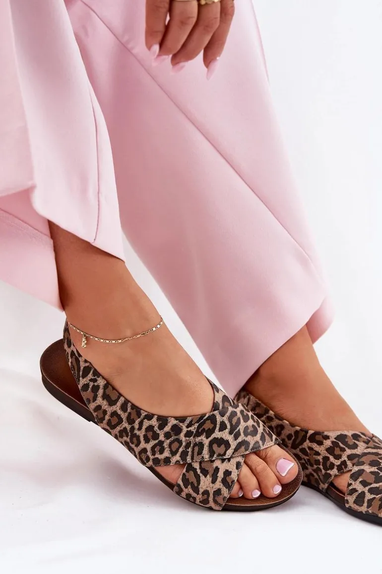 Sandały Skórzane Damskie Panterka Brązowe Zazoo 40407