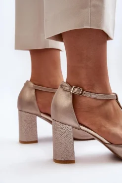 Sandały Skórzane Na Słupku Z Ozdobą Laura Messi 2758 Złote