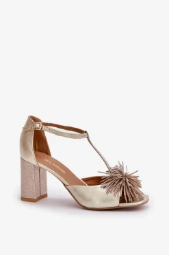 Sandały Skórzane Na Słupku Z Ozdobą Laura Messi 2758 Złote
