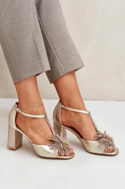 Sandały Skórzane Na Słupku Z Ozdobą Laura Messi 2758 Złote