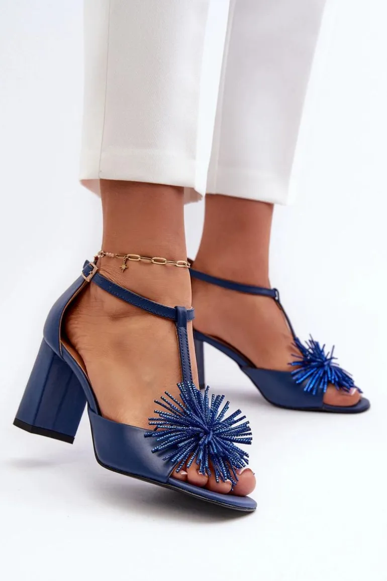 Sandały Skórzane Na Słupku Z Ozdobą Laura Messi 2758 Granatowe