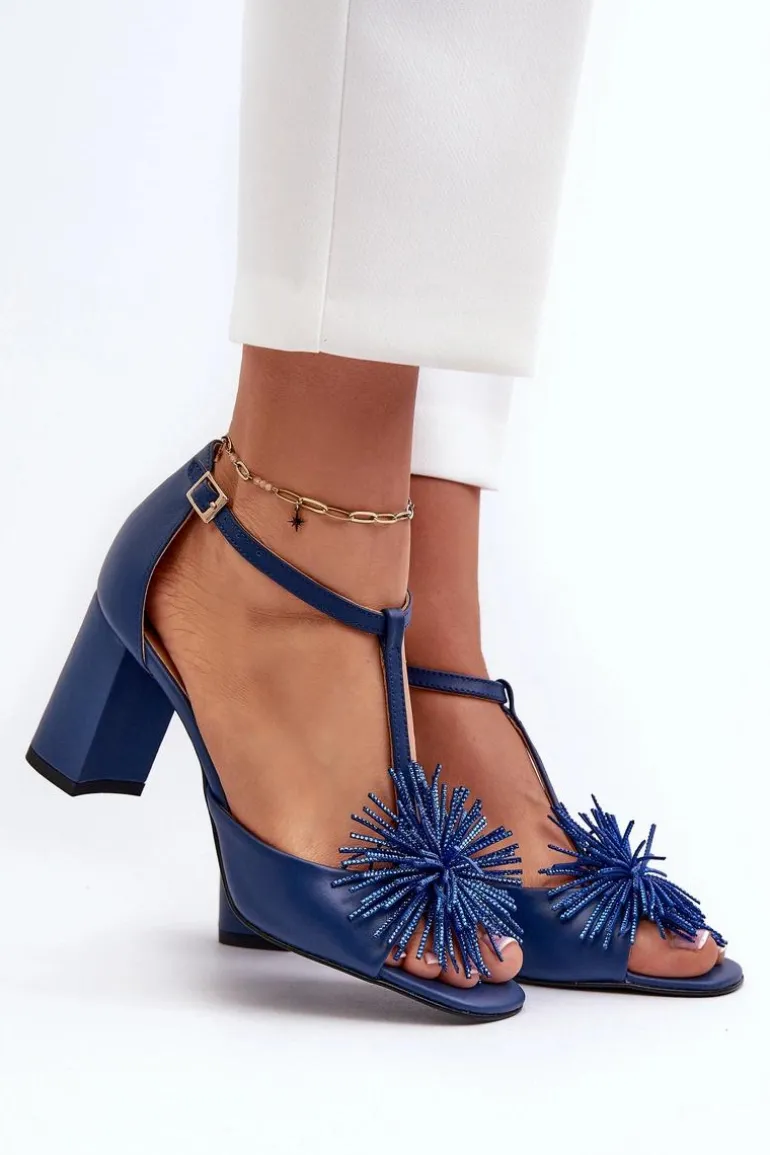 Sandały Skórzane Na Słupku Z Ozdobą Laura Messi 2758 Granatowe