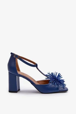 Sandały Skórzane Na Słupku Z Ozdobą Laura Messi 2758 Granatowe