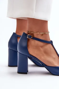 Sandały Skórzane Na Słupku Z Ozdobą Laura Messi 2758 Granatowe