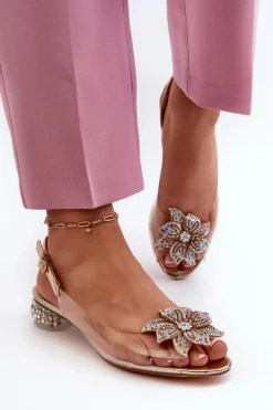 Sandały Transparentne Na Niskim Obcasie Z Ozdobą Złote D&A MR38-383