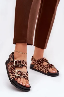 Sandały W Panterkę Damskie Z Klamrami Brązowe Seladith