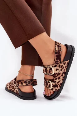 Sandały W Panterkę Damskie Z Klamrami Brązowe Seladith