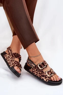 Sandały W Panterkę Damskie Z Klamrami Brązowe Seladith