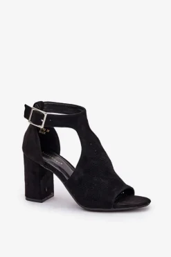 Sandały Z Ażurowym Wzorem Na Słupku Eko Zamszowe Czarne Helori