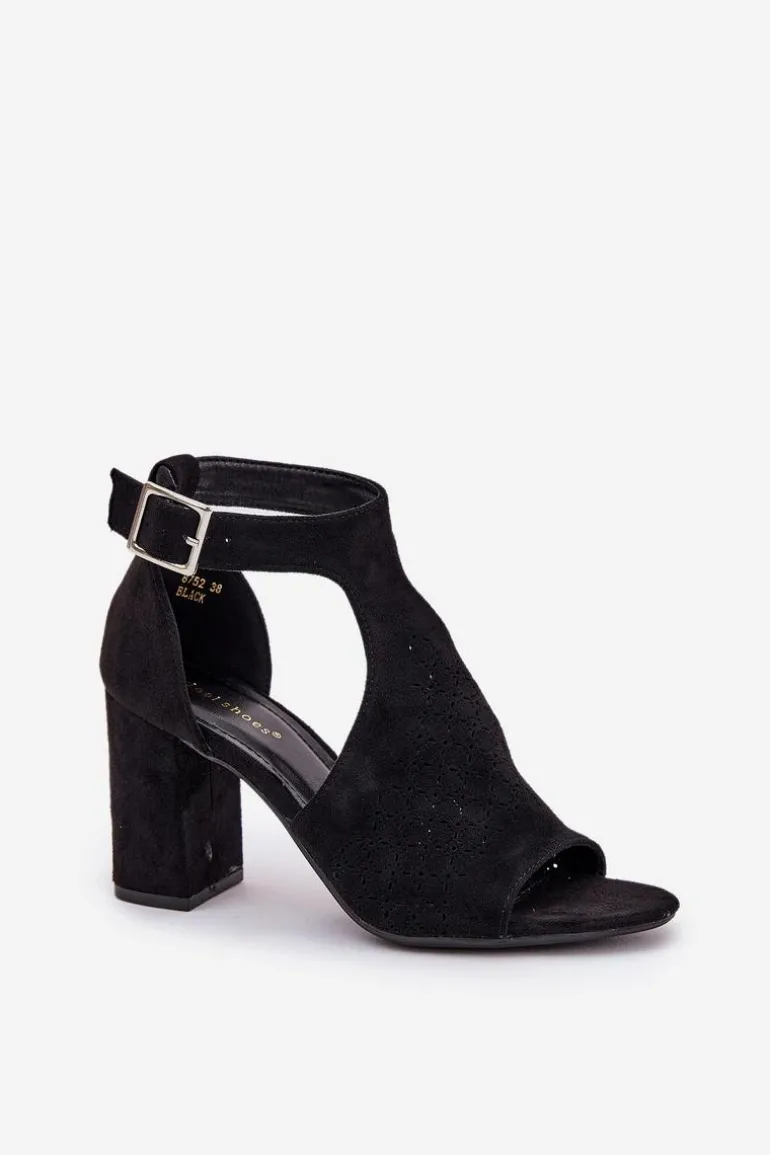 Sandały Z Ażurowym Wzorem Na Słupku Eko Zamszowe Czarne Helori