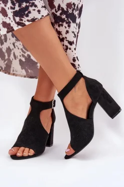 Sandały Z Ażurowym Wzorem Na Słupku Eko Zamszowe Czarne Helori