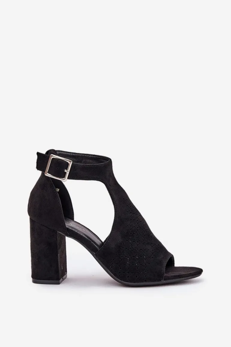 Sandały Z Ażurowym Wzorem Na Słupku Eko Zamszowe Czarne Helori
