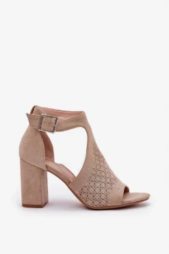 Sandały Z Ażurowym Wzorem Na Słupku Eko Zamszowe Beżowe Helori