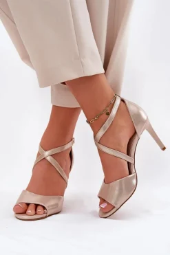 Sandały Z Przeplatającymi Się Paskami Na Szpilce Sergio Leone SK432 Złote Satynowe