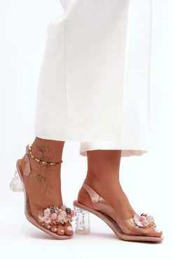 Sandały Zdobione Na Obcasie Różowe S.Barski MR1037-16