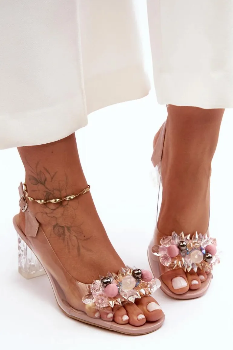 Sandały Zdobione Na Obcasie Różowe S.Barski MR1037-16