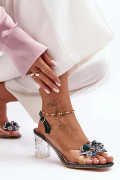 Sandały Zdobione Na Obcasie Ciemnozielone S.Barski MR1037-16