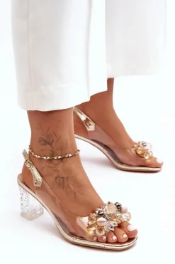 Sandały Zdobione Na Obcasie Złote S.Barski MR1037-16