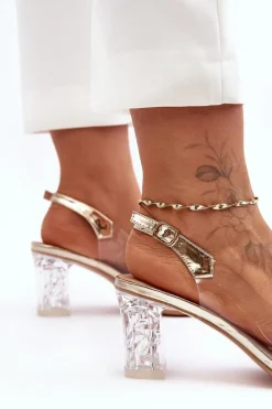 Sandały Zdobione Na Obcasie Złote S.Barski MR1037-16