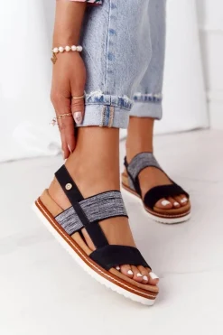 Sandały Ze Srebrnym Ściągaczem Czarne Almeria