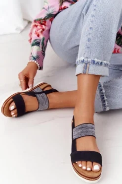 Sandały Ze Srebrnym Ściągaczem Czarne Almeria