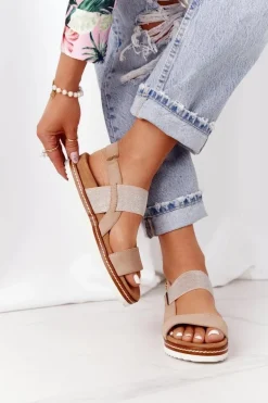 Sandały Ze Srebrnym Ściągaczem Beżowe Almeria