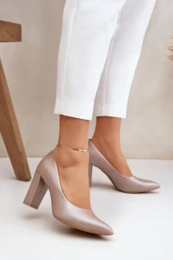 Satynowe Czółenka Lewski Shoes 2453 Beżowe