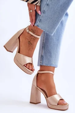 Satynowe Sandałki Na Masywnym Obcasie Beżowe Eternity