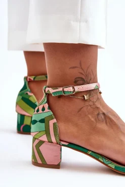 Satynowe Sandałki Na Obcasie We Wzory Zielony Mix Inspire Me!