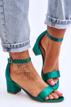 Satynowe Sandały Na Niskim Obcasie Zielone Juliet