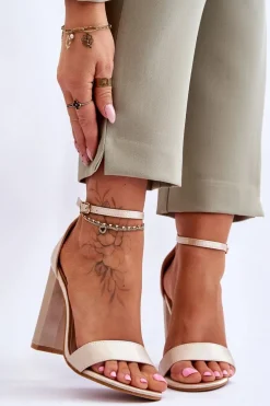 Satynowe Sandały Na Obcasie Beżowe Linsy