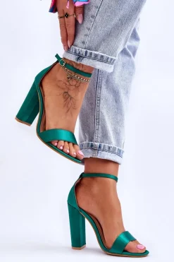 Satynowe Sandały Na Obcasie Zielone Linsy