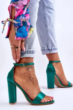 Satynowe Sandały Na Obcasie Zielone Linsy