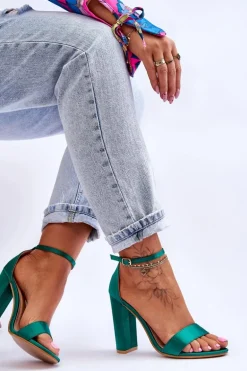 Satynowe Sandały Na Obcasie Zielone Linsy