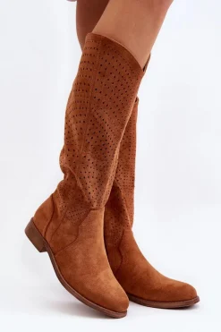 S.Barski HY66-150 Ażurowe Kozaki Na Płaskim Obcasie Camel