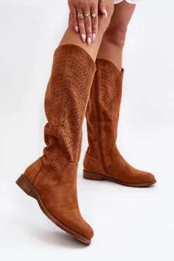 S.Barski HY66-150 Ażurowe Kozaki Na Płaskim Obcasie Camel