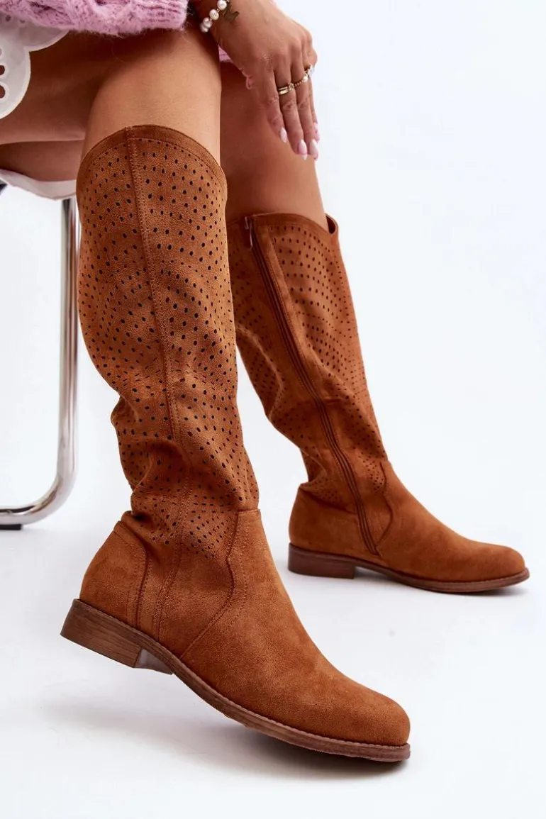 S.Barski HY66-150 Ażurowe Kozaki Na Płaskim Obcasie Camel