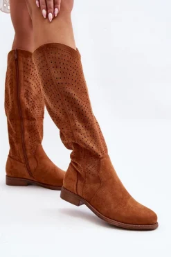 S.Barski HY66-150 Ażurowe Kozaki Na Płaskim Obcasie Camel