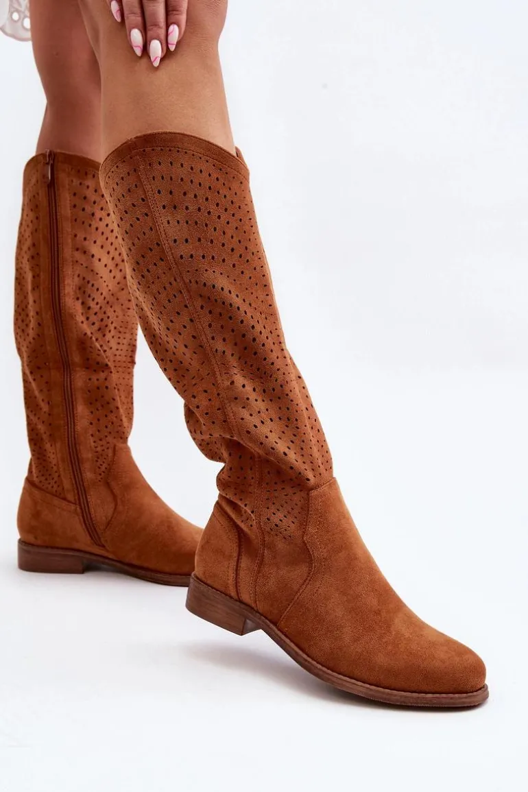 S.Barski HY66-150 Ażurowe Kozaki Na Płaskim Obcasie Camel