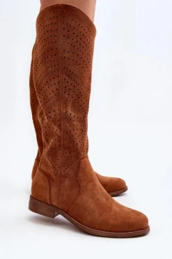 S.Barski HY66-150 Ażurowe Kozaki Na Płaskim Obcasie Camel