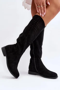 S.Barski HY66-150 Ażurowe Kozaki Na Płaskim Obcasie Czarne